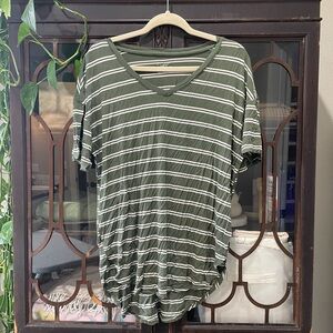Time and Tru Olive Striped V-Neck Tee